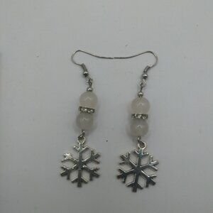 Christmas Tibetan Silver Charm Snowflake White Bead Dangle Drop Earrings 3"